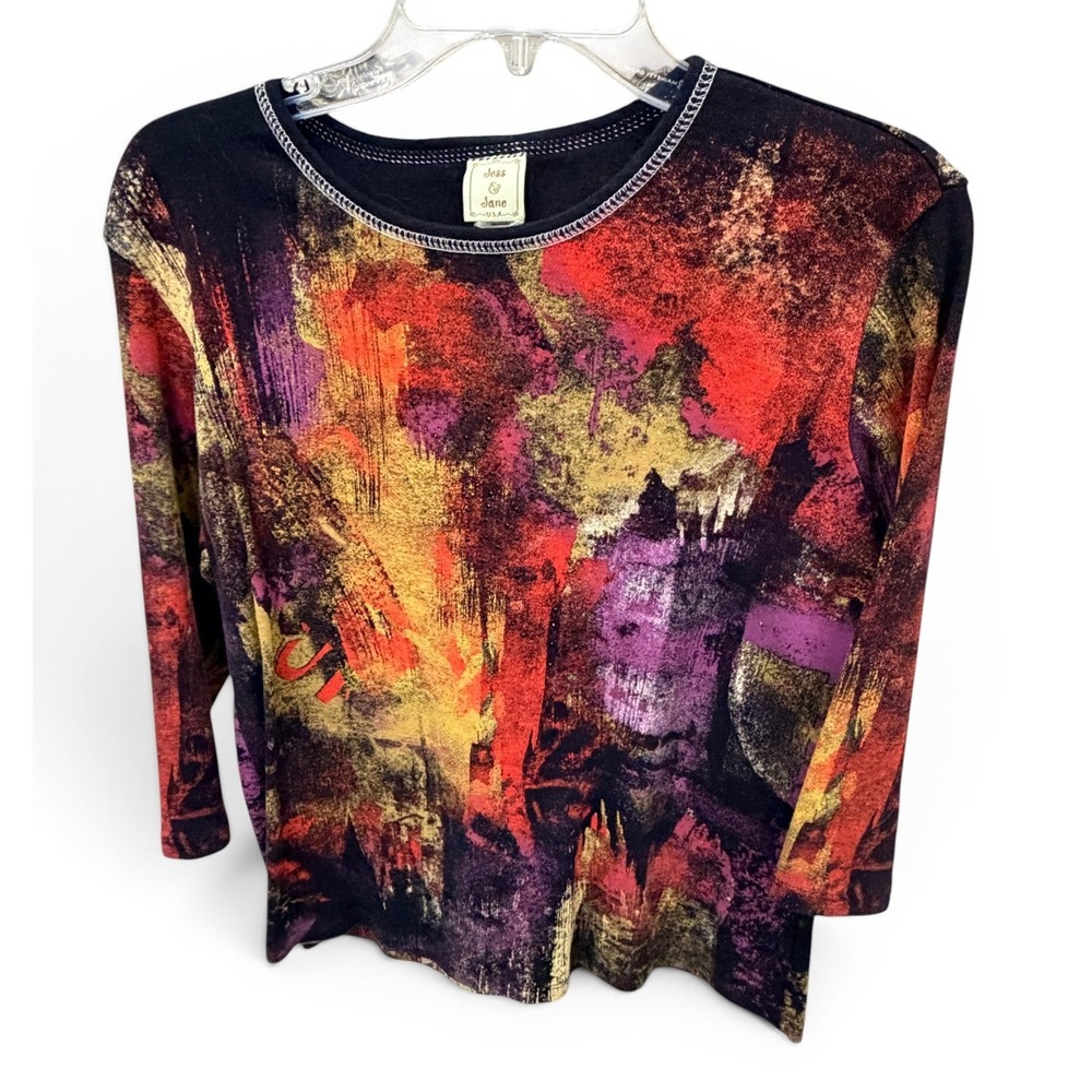 Jess & Jane Fall Foliage Top M Multicolor Fall Abstract Cotton Y2K Vintage